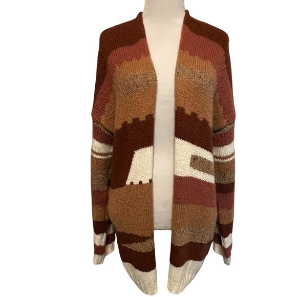 Elsamanda Aztec Print Drape Cardigan Womens Medium Brown Colorblock Layer Topper - Picture 2 of 8